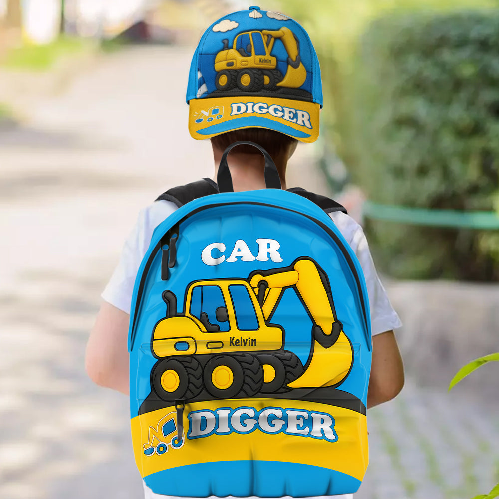 Niedliches Bagger-Geschenk für Kinder – Personalisierte Kinderkappe und Rucksack im klassischen Stil