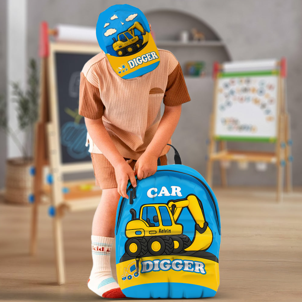 Niedliches Bagger-Geschenk für Kinder – Personalisierte Kinderkappe und Rucksack im klassischen Stil