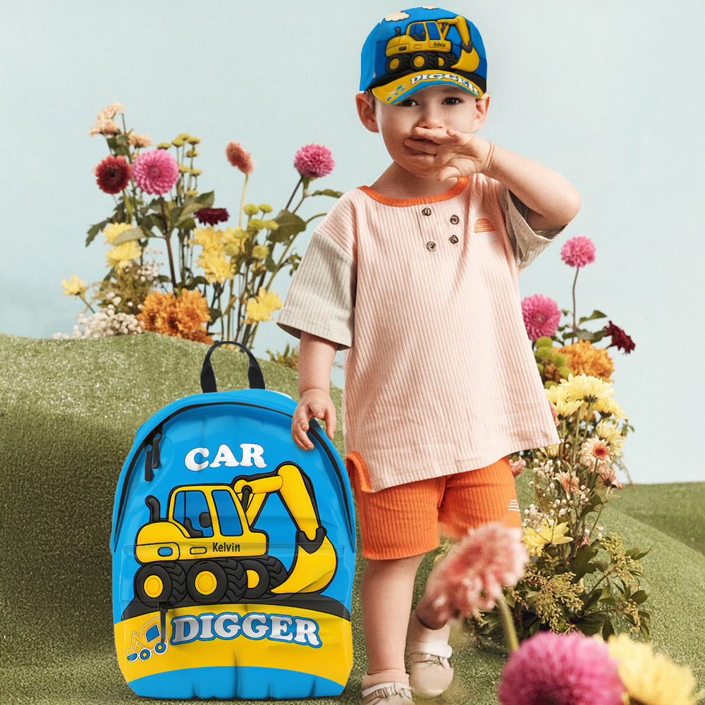 Niedliches Bagger-Geschenk für Kinder – Personalisierte Kinderkappe und Rucksack im klassischen Stil