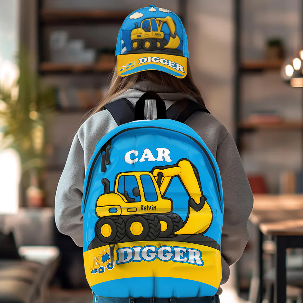 Niedliches Bagger-Geschenk für Kinder – Personalisierte Kinderkappe und Rucksack im klassischen Stil