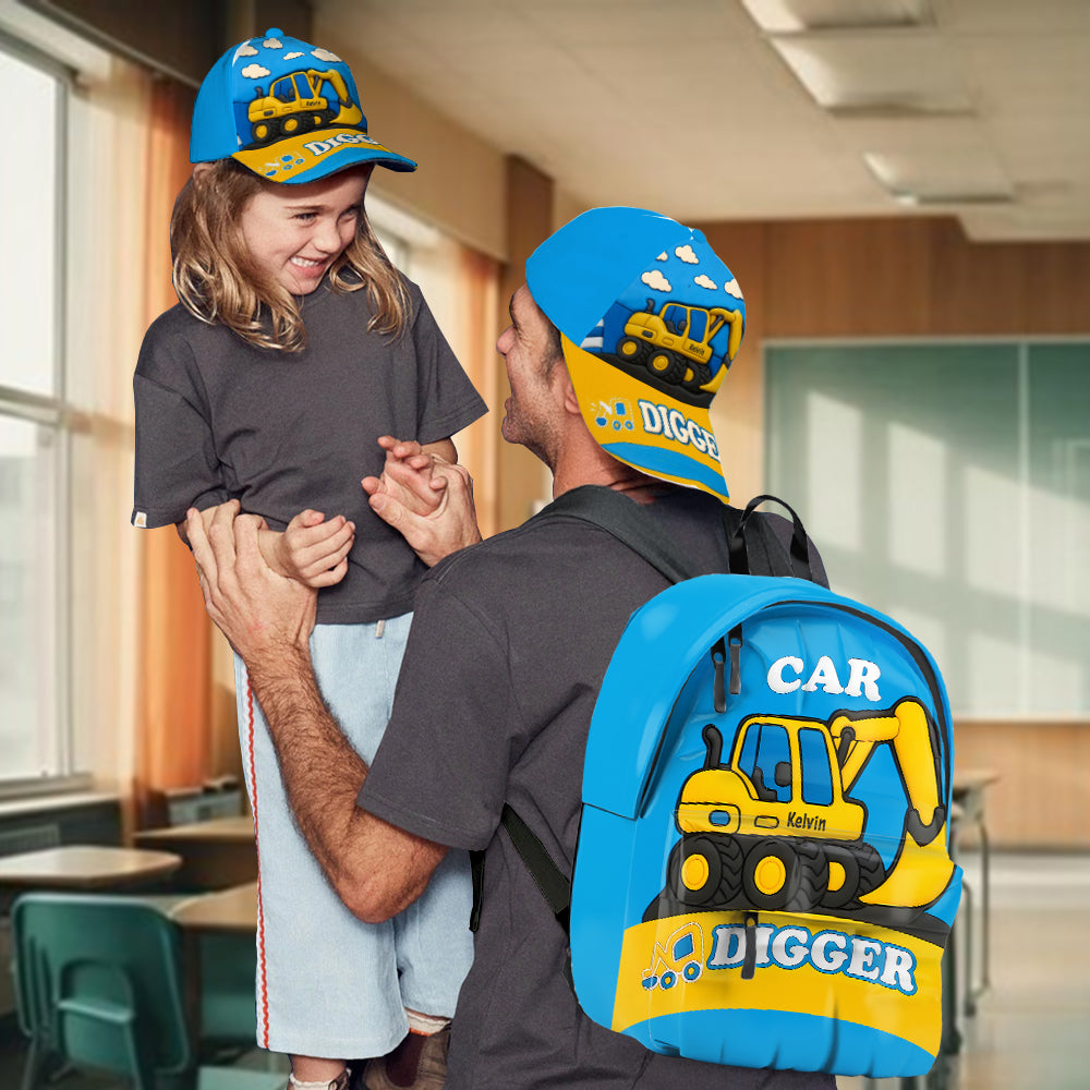 Niedliches Bagger-Geschenk für Kinder – Personalisierte Kinderkappe und Rucksack im klassischen Stil