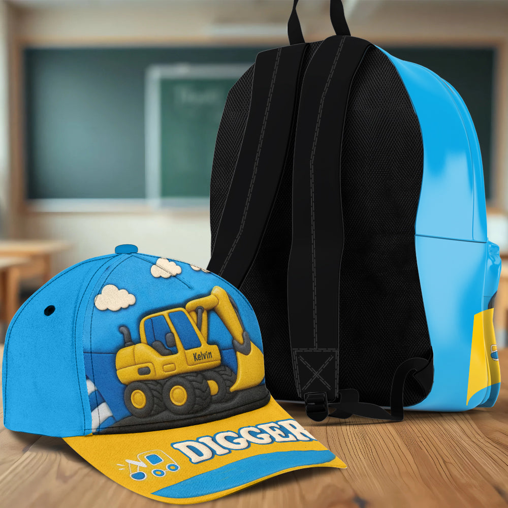 Niedliches Bagger-Geschenk für Kinder – Personalisierte Kinderkappe und Rucksack im klassischen Stil