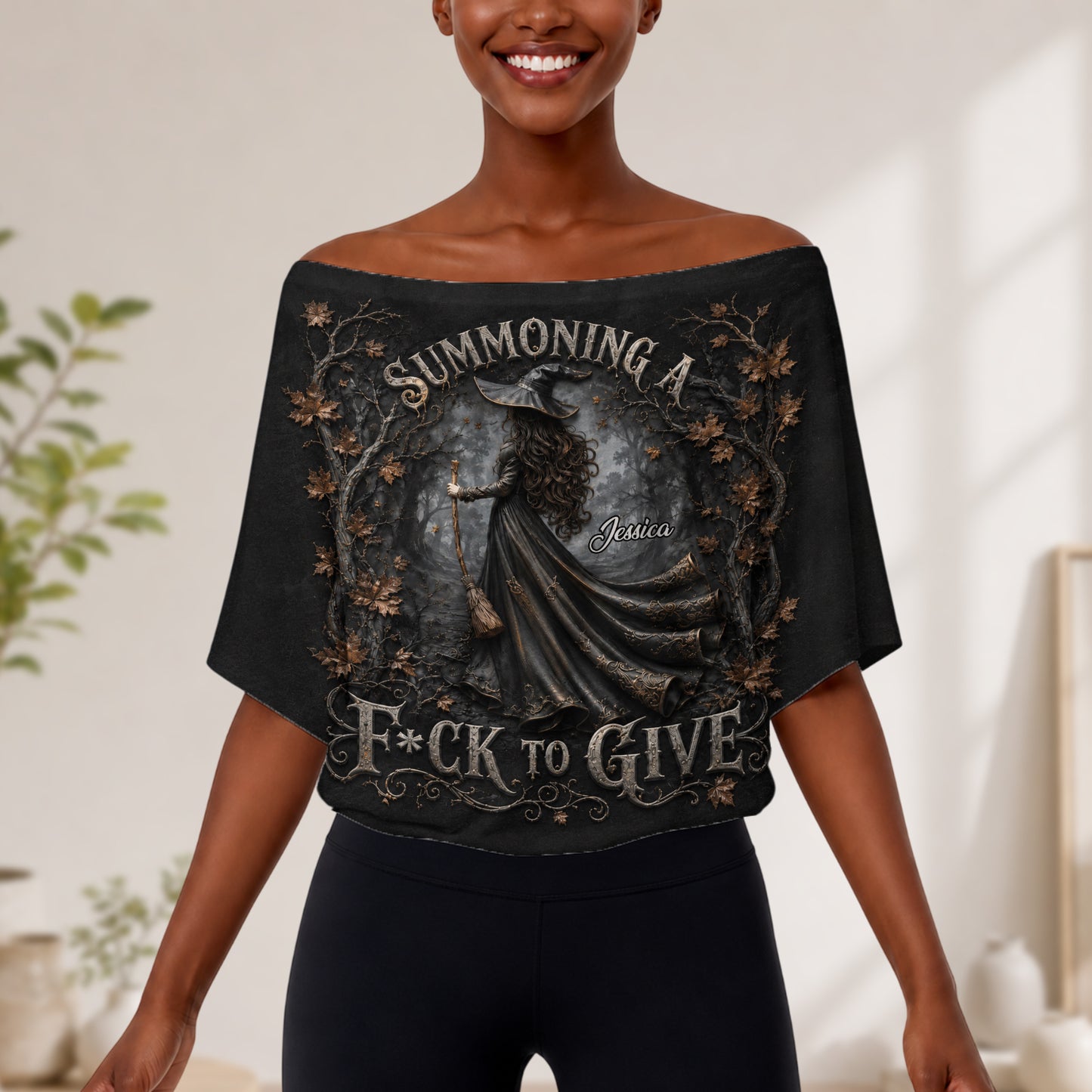 Summoning A Fck To Give - Personalized Witch Off-Shoulder Top Set