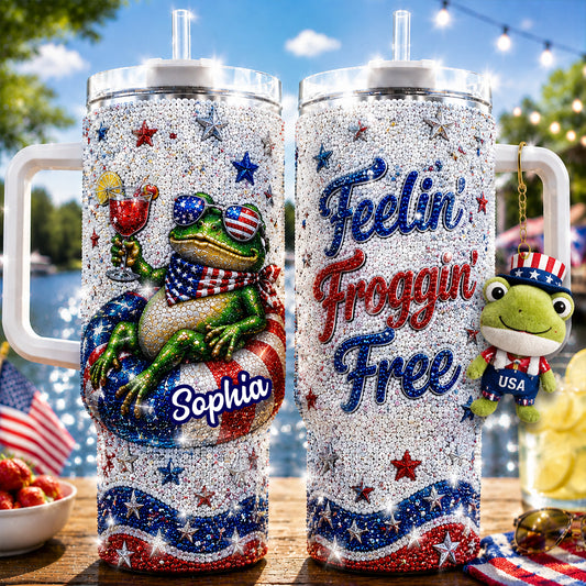 Liebesfrosch, Feiere den 4. Juli - Personalisierter Frosch-Rhinestone-Becher mit Plüschanhänger