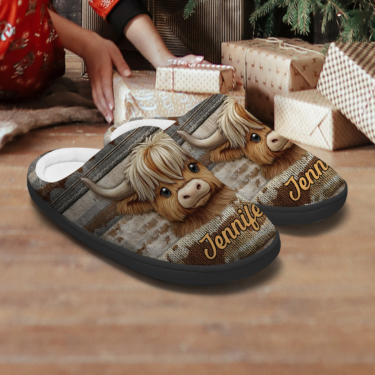 Niedliche Hochlandkuh – personalisierte Hausschuhe mit Hochlandkuh