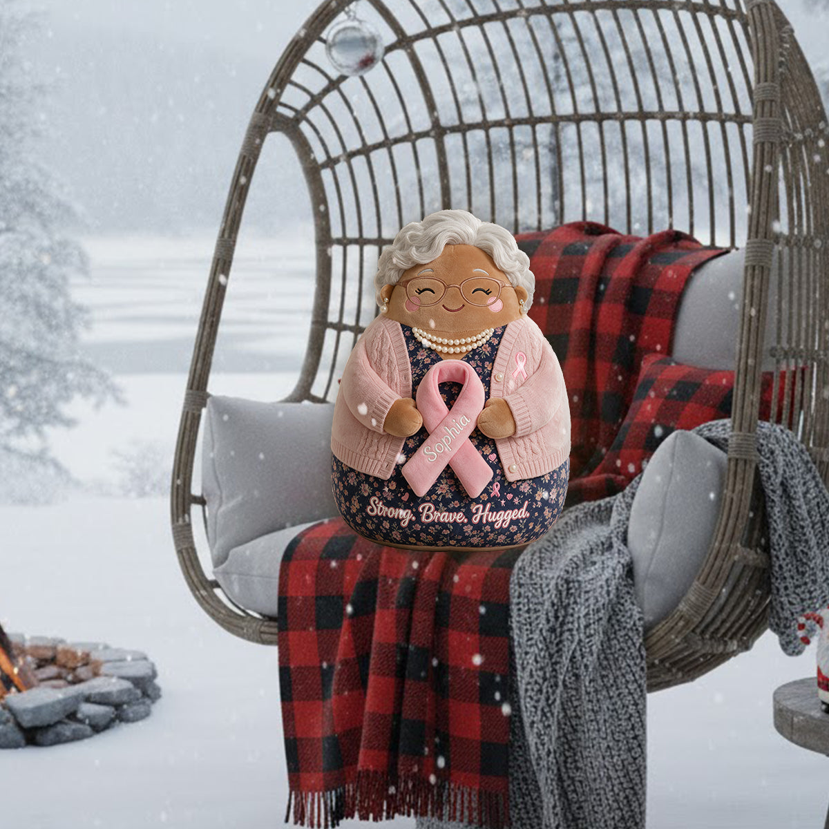 Strong Brave Hugged - Personalized Breast Cancer Awareness Premium Faux Fur Pillow