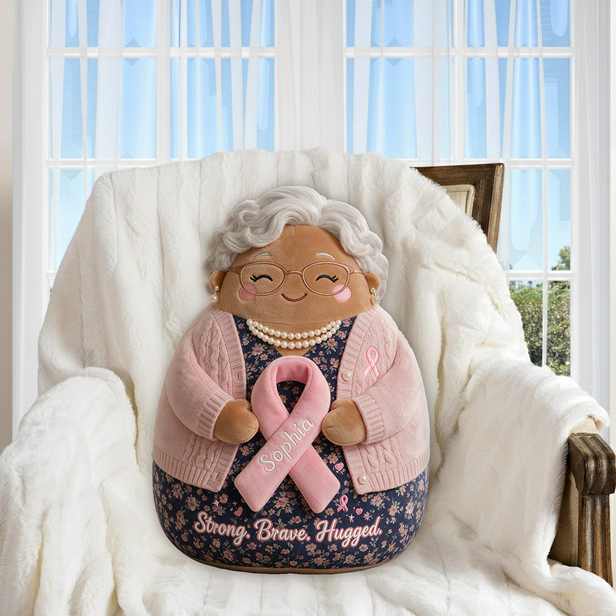 Strong Brave Hugged - Personalized Breast Cancer Awareness Premium Faux Fur Pillow