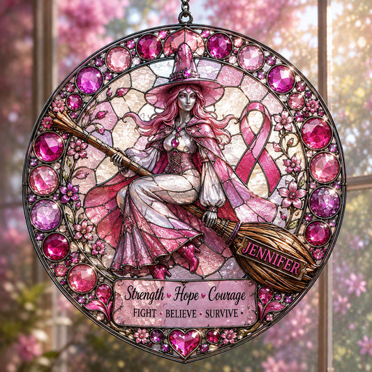Strength Hope Love - Personalized Breast Cancer Awareness 3D Printed Glass Suncatcher