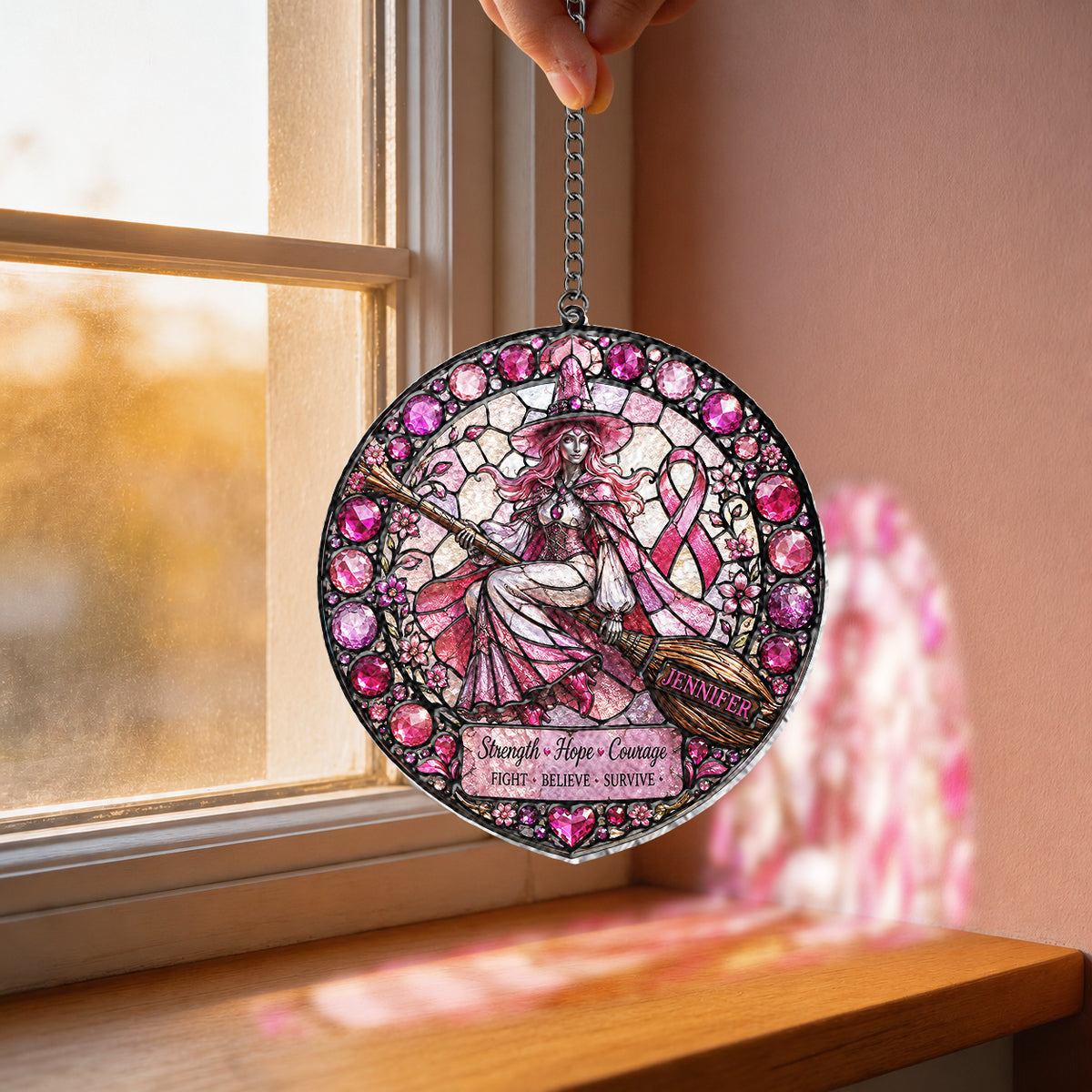 Stärke Hoffnung Liebe - Personalisierter 3D-gedruckter Glas-Sonnenfänger zur Brustkrebsbewusstseins