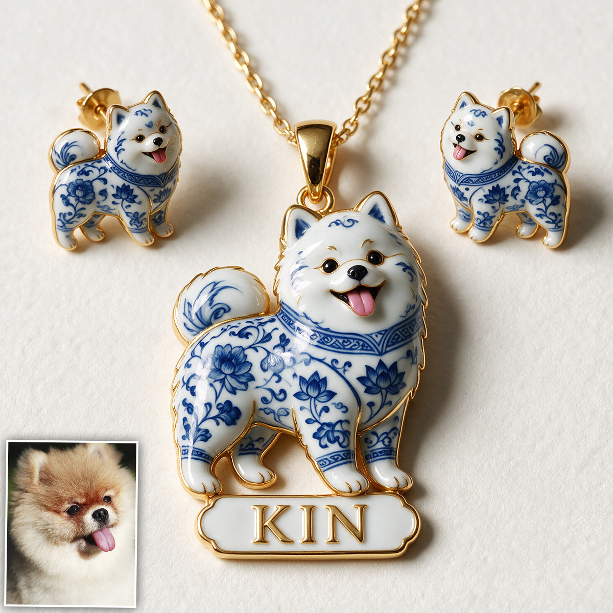 Blue And White Porcelain Pet Jewelry Set - Personalized Dog Pendant Necklace & Stud Earrings