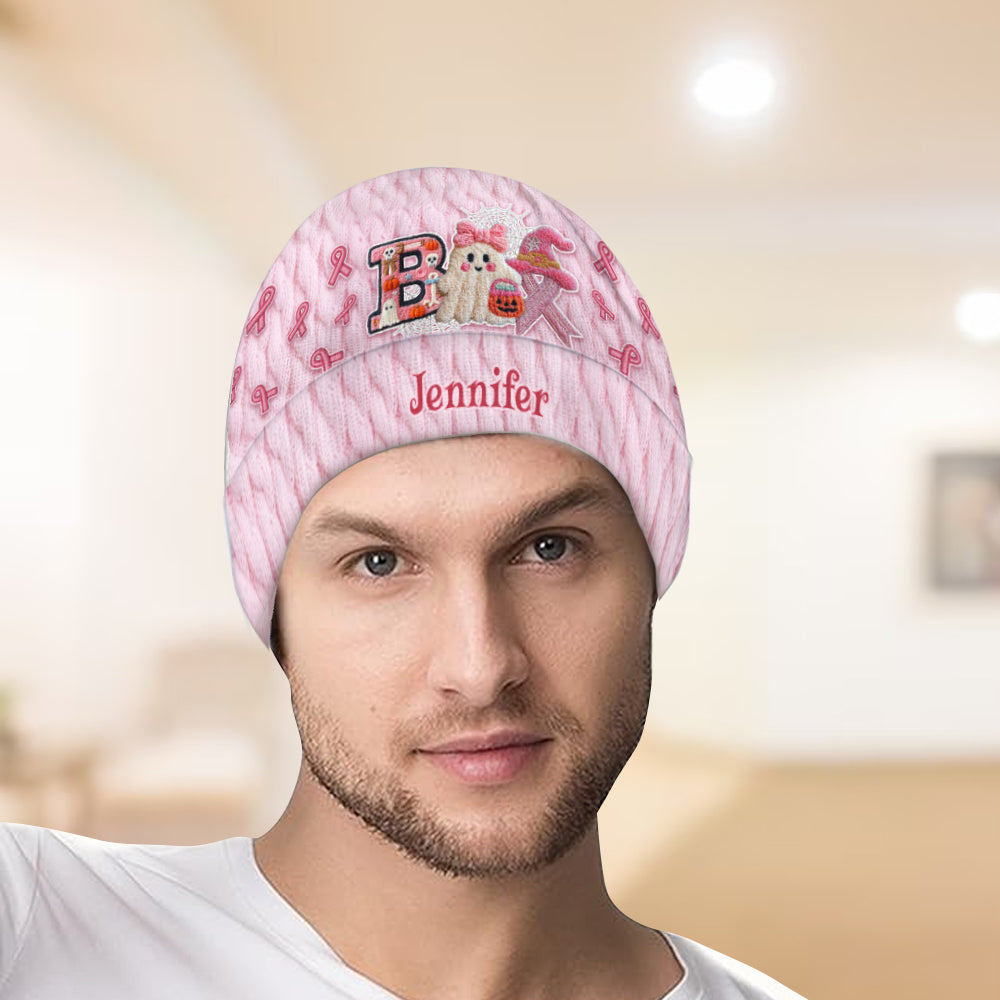 Personalisierte Mütze mit Geistermotiv zur Sensibilisierung für Brustkrebs