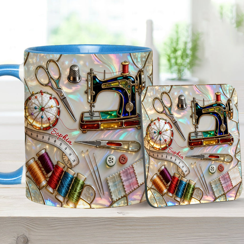 Nähbegeisterung – Personalisierte Tasse und Untersetzer mit Nähmotiv