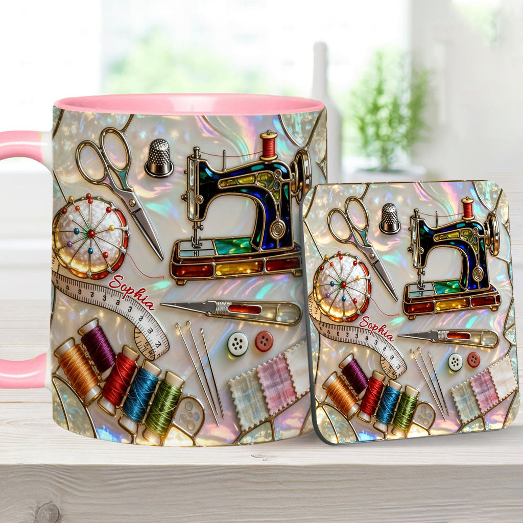 Nähbegeisterung – Personalisierte Tasse und Untersetzer mit Nähmotiv