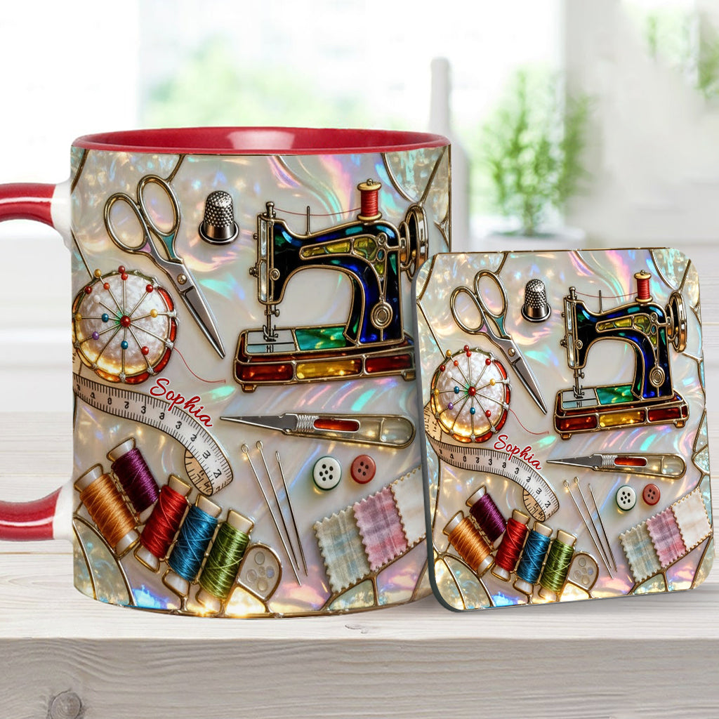 Nähbegeisterung – Personalisierte Tasse und Untersetzer mit Nähmotiv