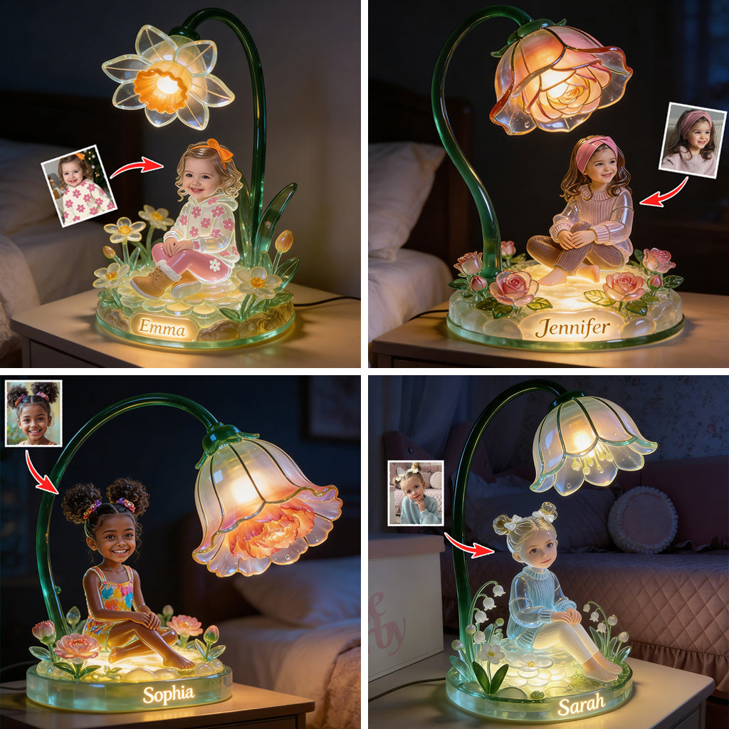 Personalisierbares LED-Nachtlicht aus Acryl für Kinder – Foto und Geburtsmonatsblume nach Wunsch.