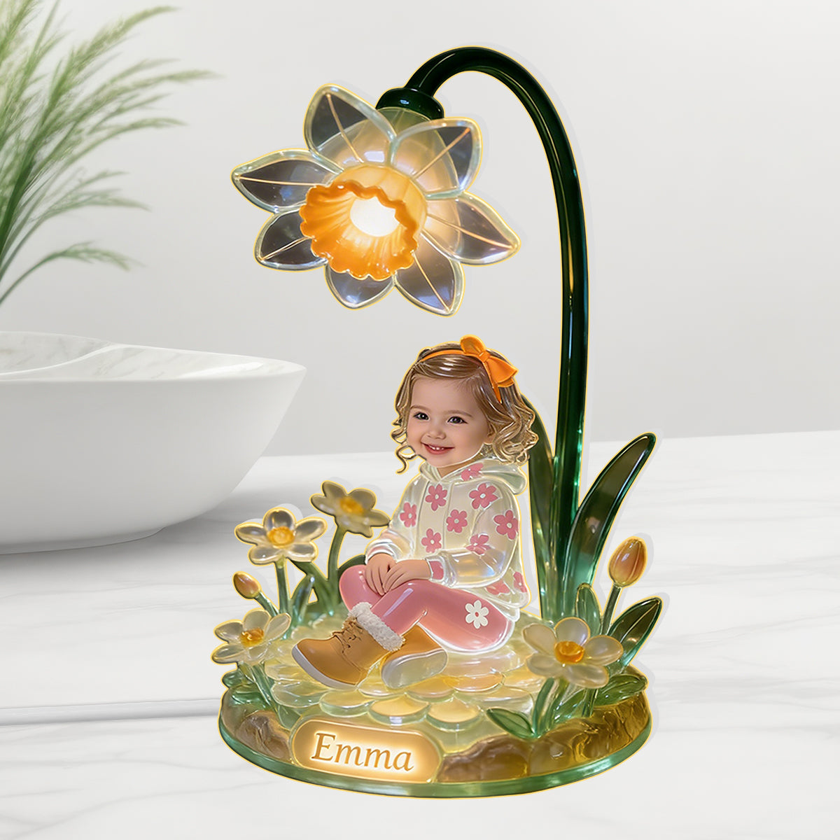 Personalisierbares LED-Nachtlicht aus Acryl für Kinder – Foto und Geburtsmonatsblume nach Wunsch.