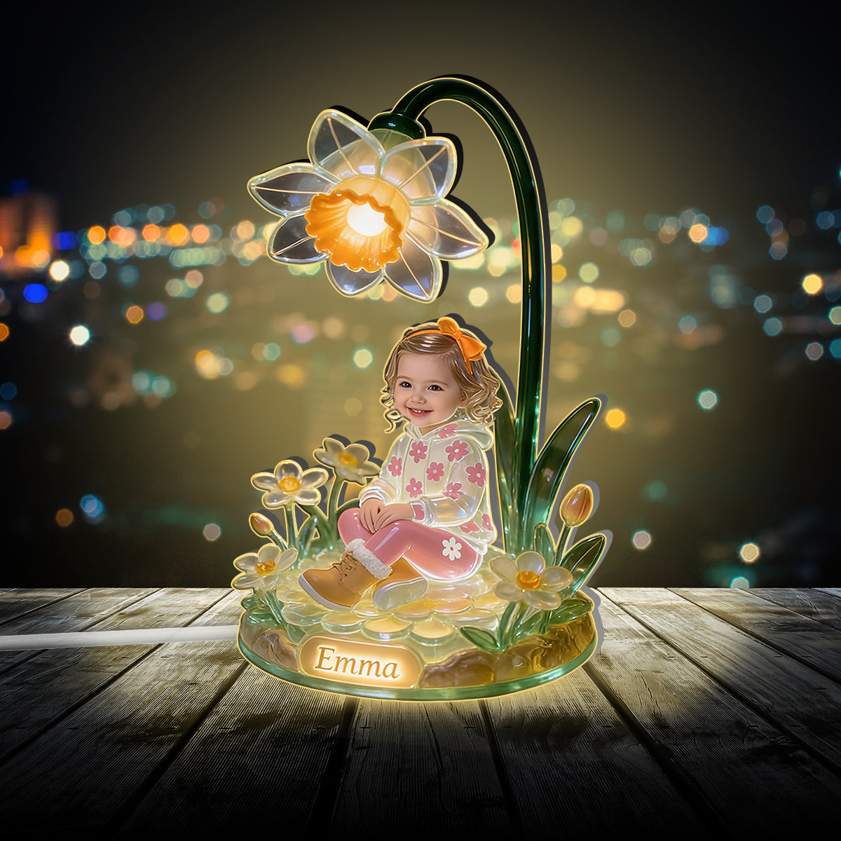 Personalisierbares LED-Nachtlicht aus Acryl für Kinder – Foto und Geburtsmonatsblume nach Wunsch.