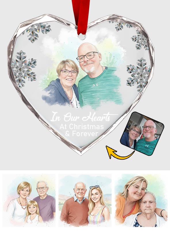 In unseren Herzen zu Weihnachten und für immer – Personalisierter herzförmiger Glasschmuck zur Erinnerung