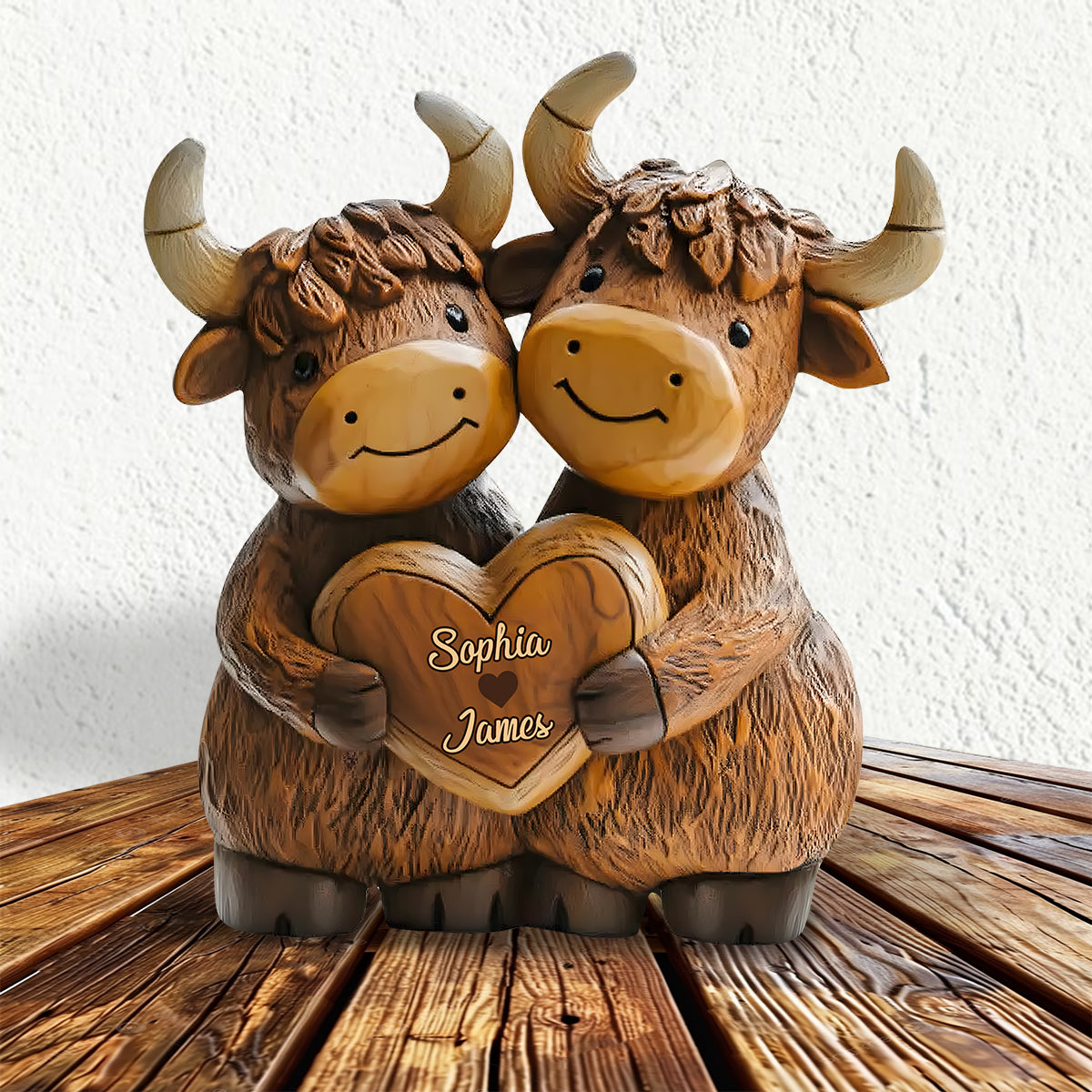 Niedliches Hochlandrinderpaar – Personalisierte Acrylplakette in Form eines Hochlandrindes