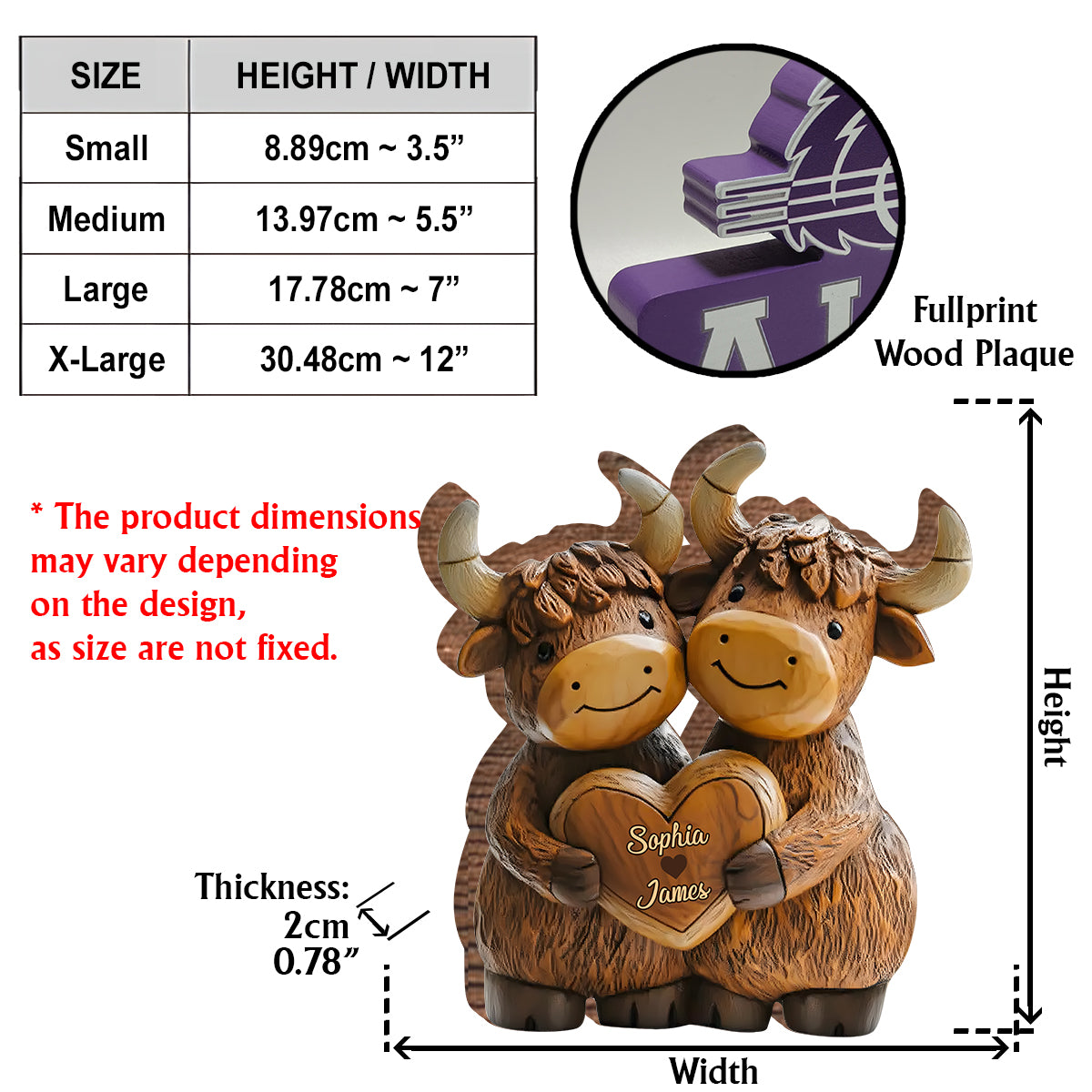 Niedliches Hochlandrinderpaar – Personalisierte Acrylplakette in Form eines Hochlandrindes