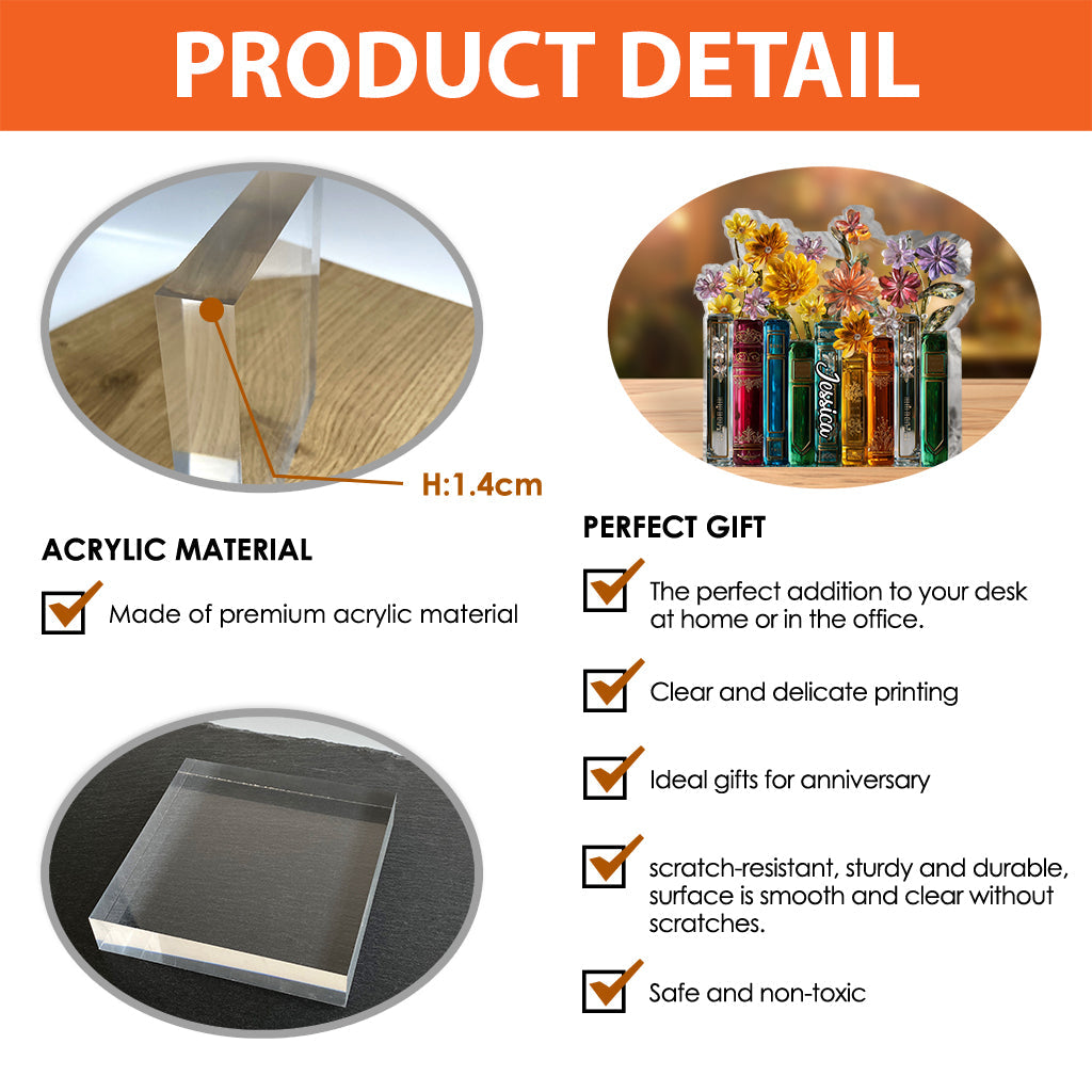 Bücher und Blumen – Personalisierte Acrylplakette in Buchform