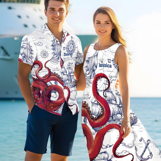 Partnerlook mit Oktopus-Segelboot-Print: Strandhemden und Kleid für Paare – personalisiertes Hawaiihemd und ärmelloses Kleid