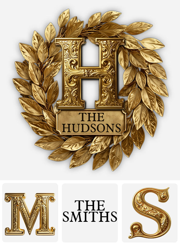 Custom Family Initial Gold Wreath - Personalized Family Cut Metal Sign
