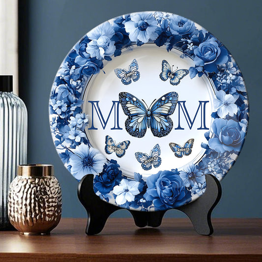 Klassisches blau-weißes Schmetterlings-Muttertagsgeschenk – personalisierter runder Keramikteller für Mutter