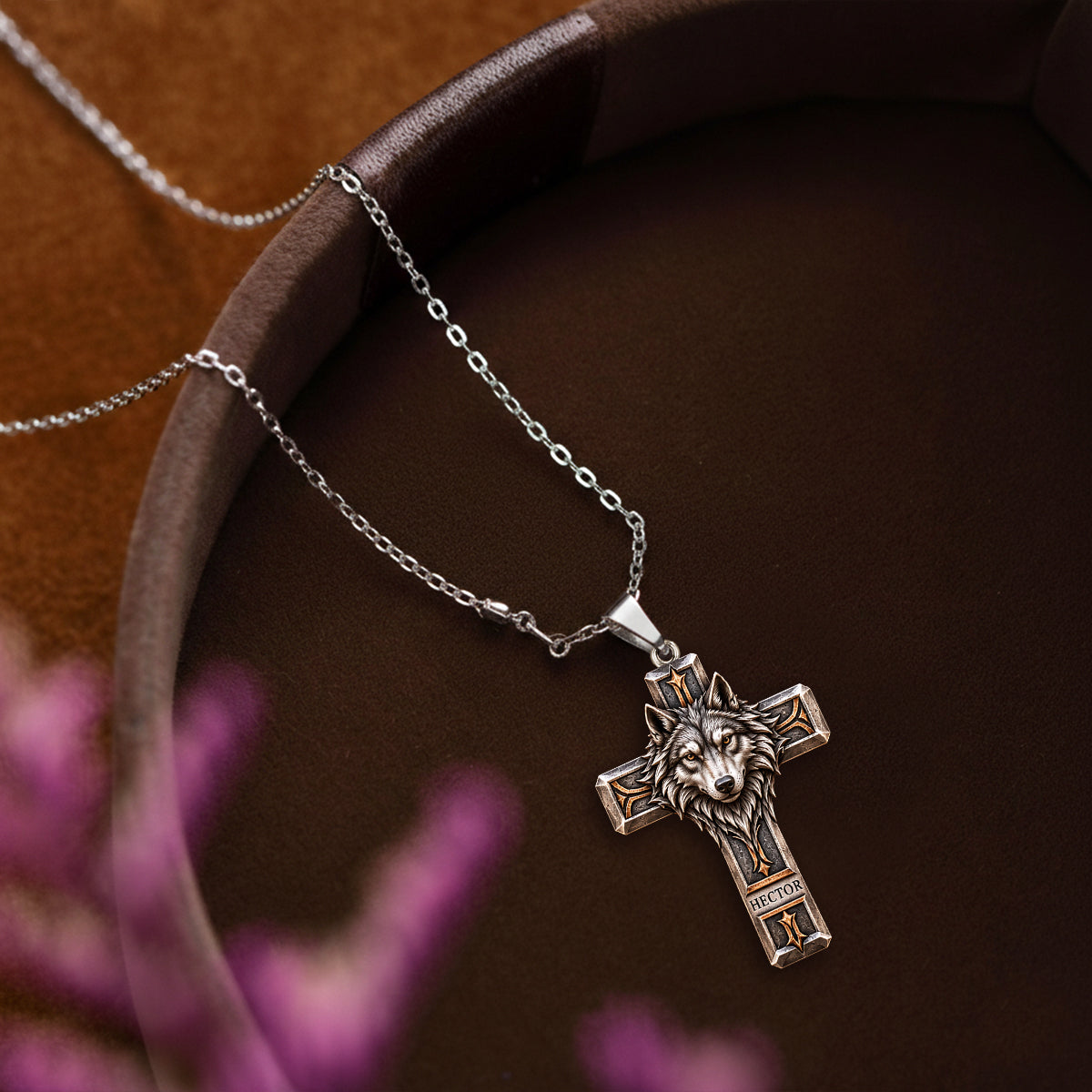 Wolf Guardian Cross Necklace - Personalized Wolf Shaped Metal Pendant Necklace