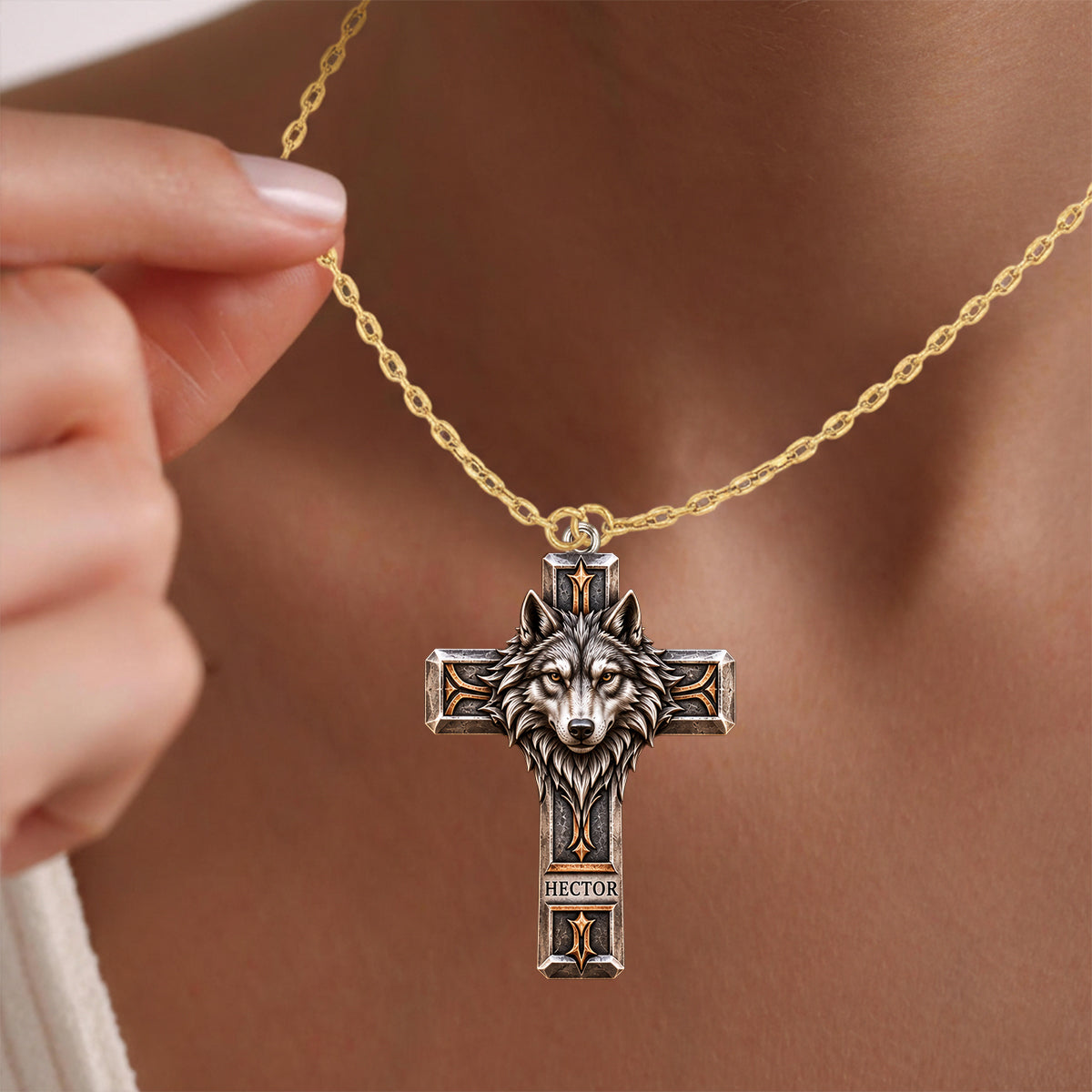 Wolf Guardian Cross Necklace - Personalized Wolf Shaped Metal Pendant Necklace
