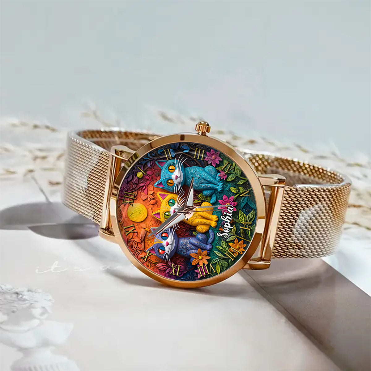 Bohemian Cat - Personalisierte Damen-Handuhr mit Katzenmotiv