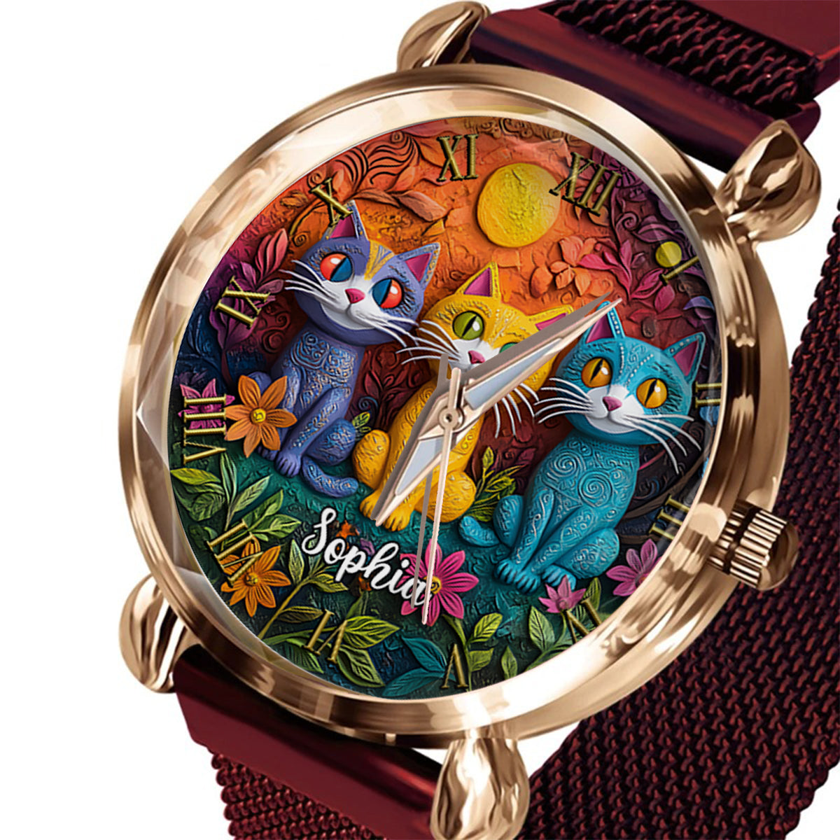 Bohemian Cat - Personalisierte Damen-Handuhr mit Katzenmotiv