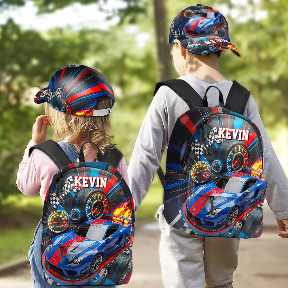 Rennwagen-Design – Personalisierte Kinder-Klassikkappe & Rucksack