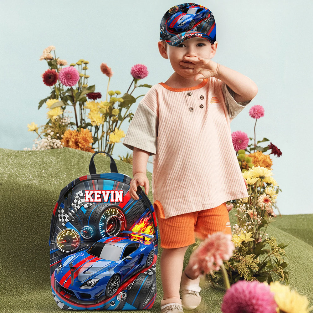 Rennwagen-Design – Personalisierte Kinder-Klassikkappe & Rucksack