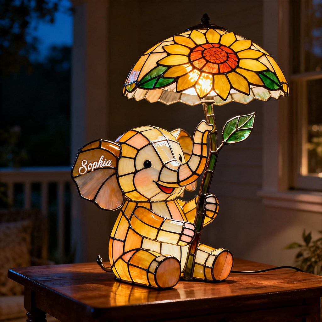 Babyelefant mit Sonnenblume – Personalisierte Elefanten-Nachtleuchte aus Acryl mit LED-Beleuchtung