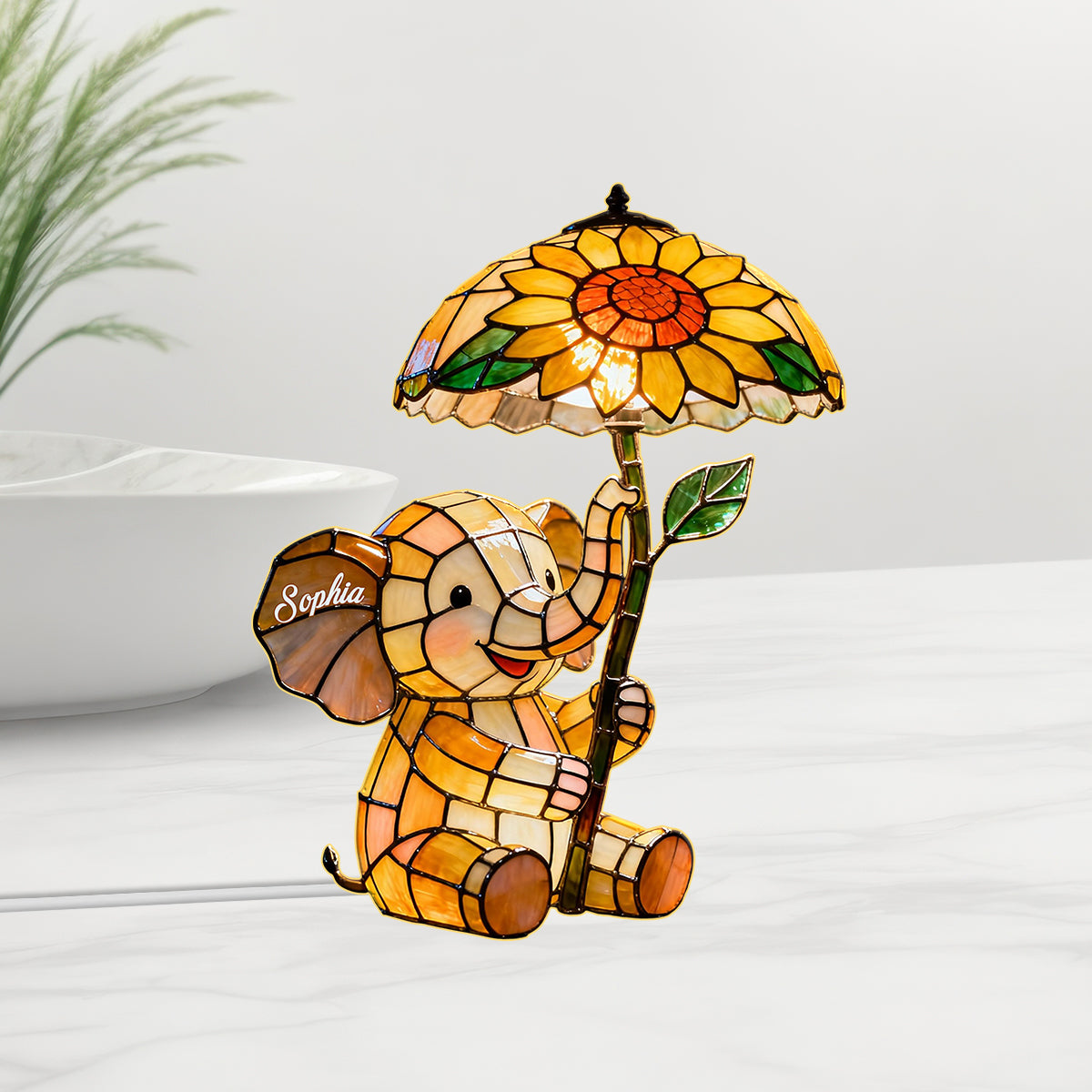 Babyelefant mit Sonnenblume – Personalisierte Elefanten-Nachtleuchte aus Acryl mit LED-Beleuchtung
