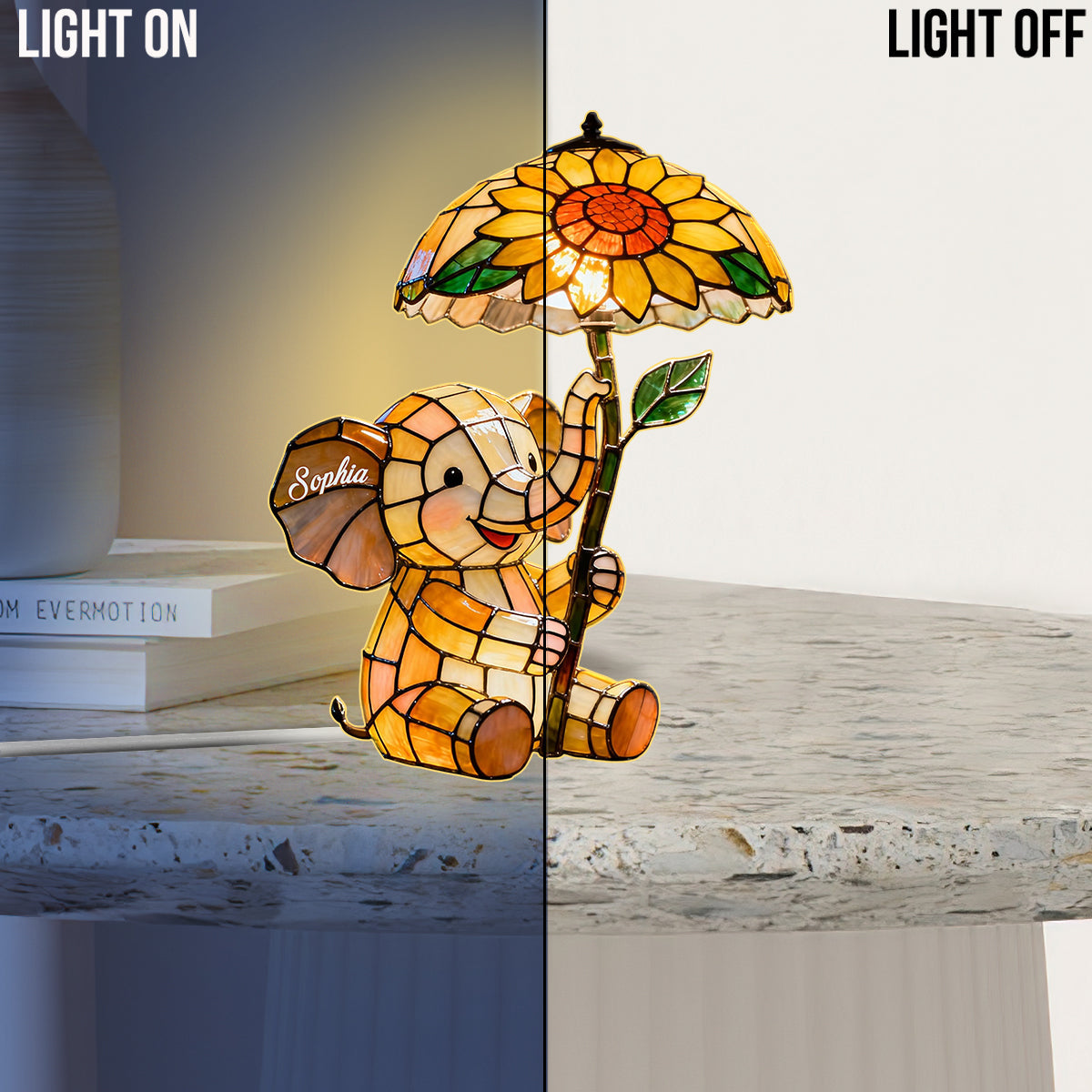 Babyelefant mit Sonnenblume – Personalisierte Elefanten-Nachtleuchte aus Acryl mit LED-Beleuchtung