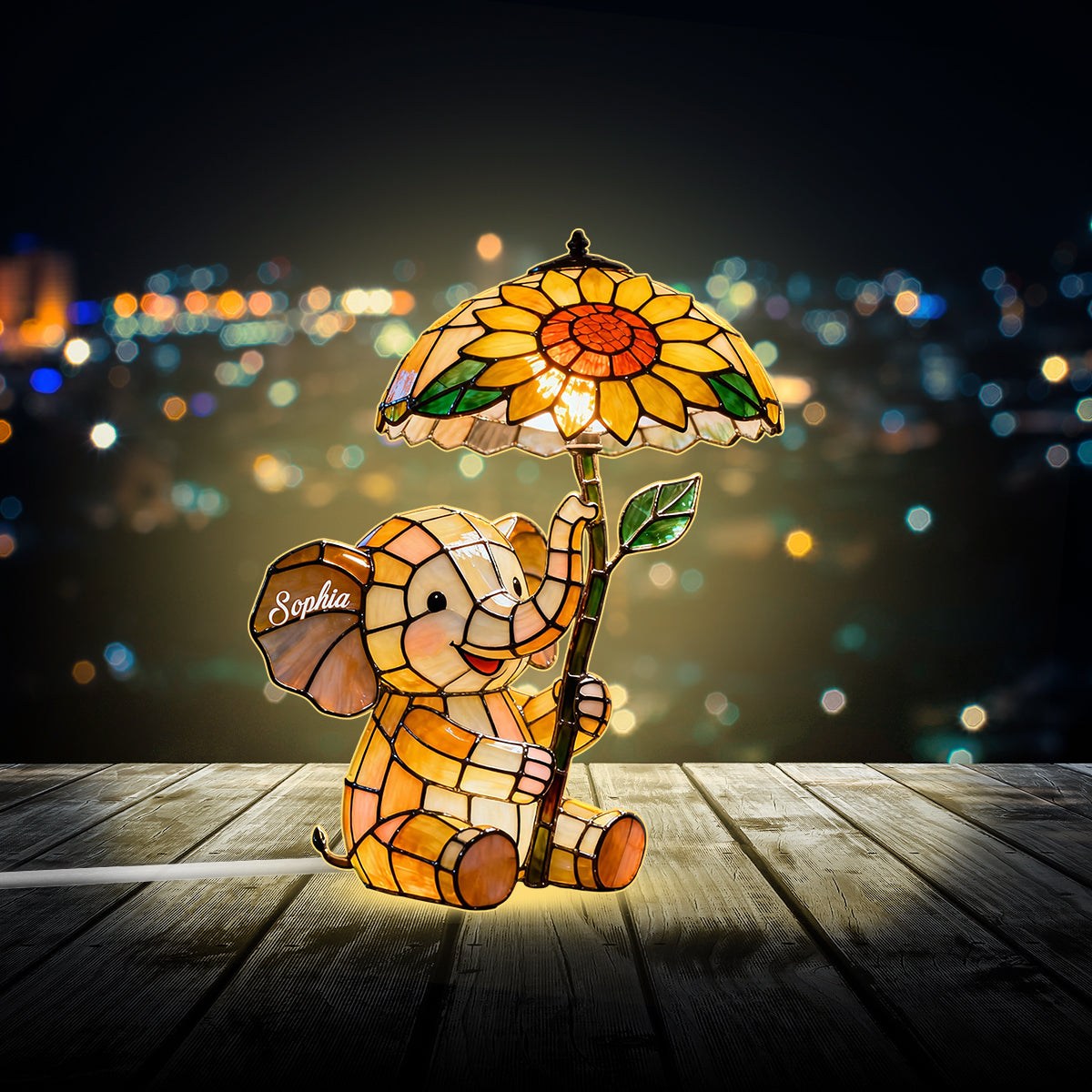 Babyelefant mit Sonnenblume – Personalisierte Elefanten-Nachtleuchte aus Acryl mit LED-Beleuchtung