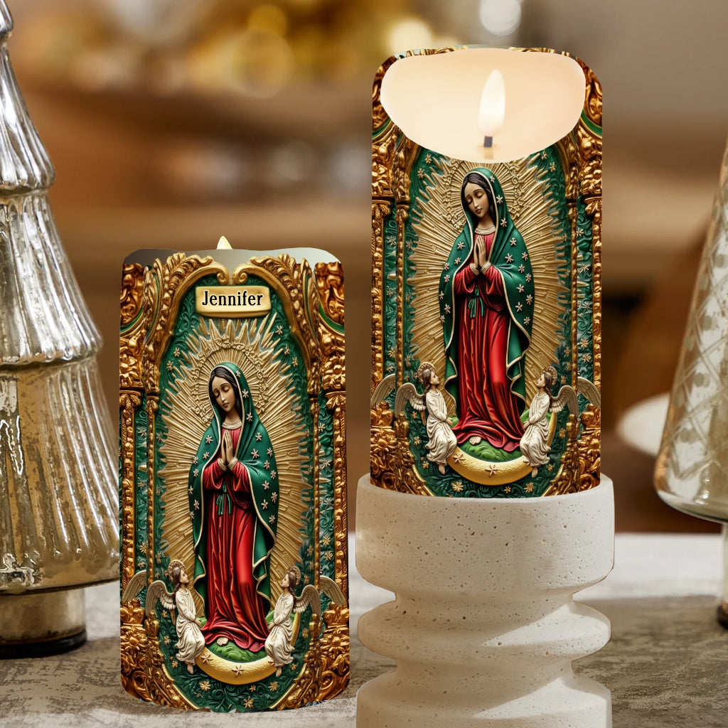 Kerze mit Marienmotiv – Personalisierte christliche flammenlose Kerze
