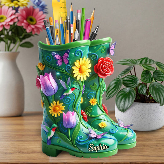 Gardening Boots With Flowers - Personalized Gardening Wooden Pen Holder