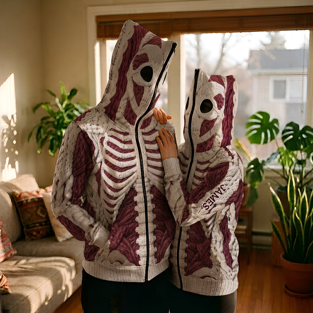 Karmesinrotes Skelett - Personalisierter Halloween Full Face Zipper Hoodie