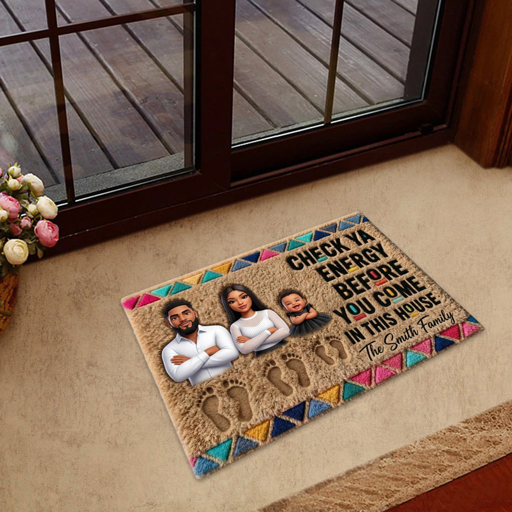 Check Your Energy Before You Come In - Personalized African American Shaped Doormat/ Rug