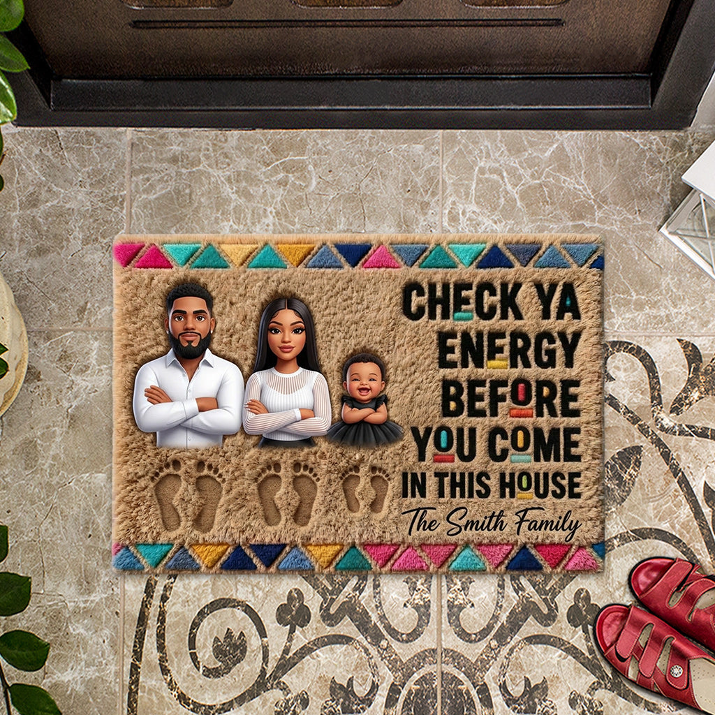 Check Your Energy Before You Come In - Personalized African American Shaped Doormat/ Rug