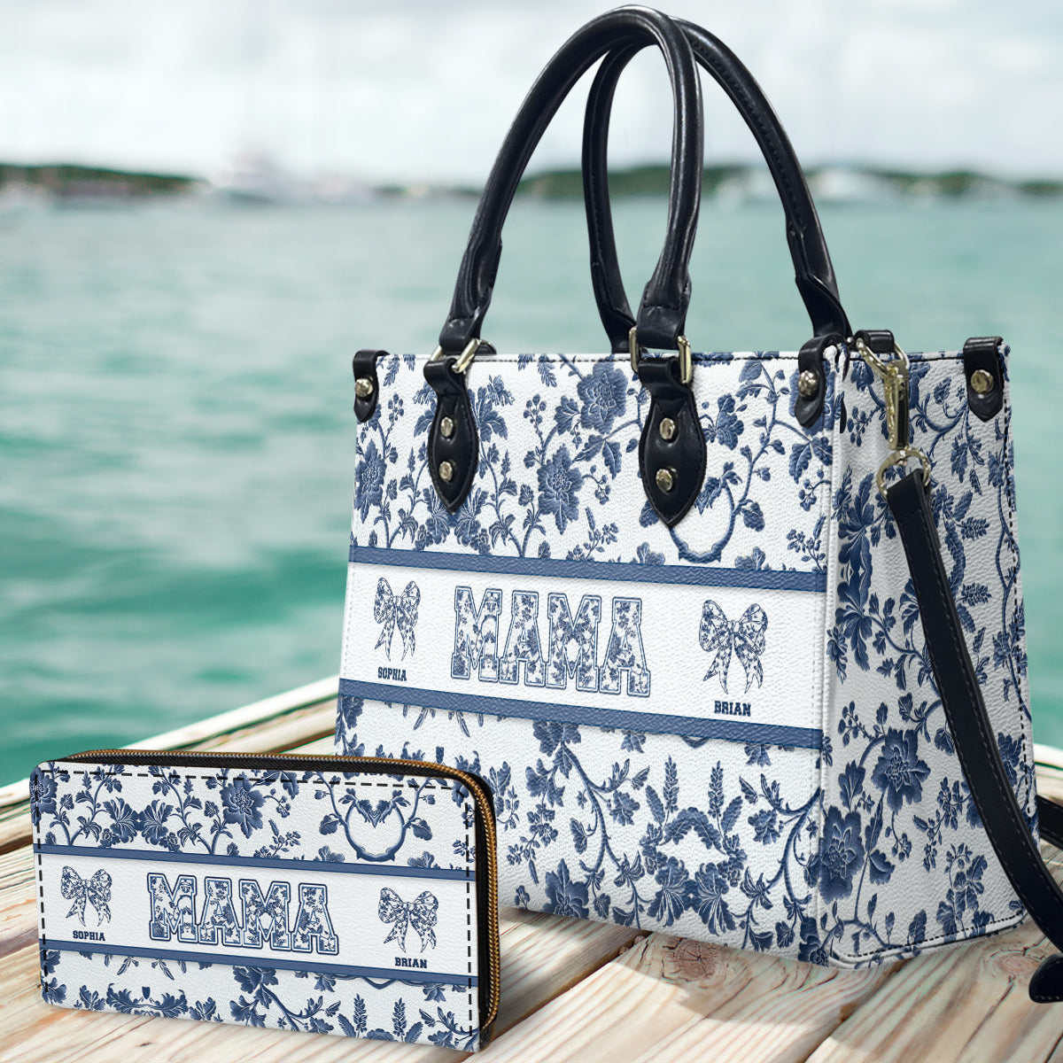 Toile De Jouy Mom - Personalized Mother Leather Handbag & Leather Long Wallet