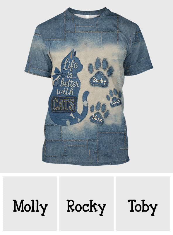 Das Leben ist schöner mit Katzen – Personalisiertes T-Shirt mit Katzenmotiv