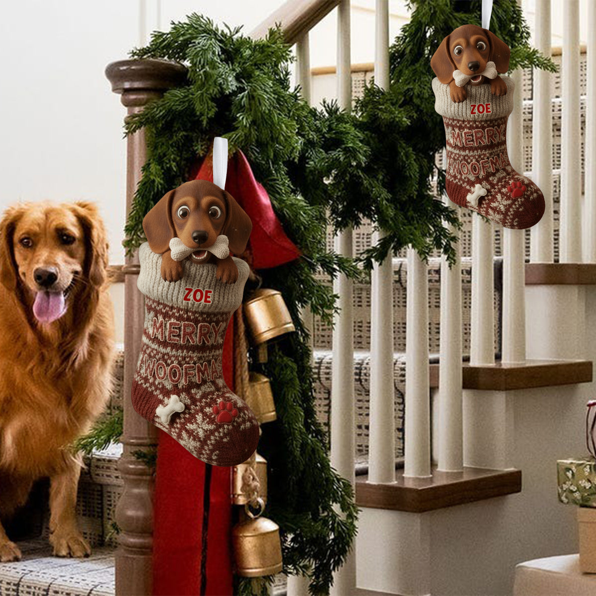 Funny Stealing Dog Bone Christmas Stocking - Personalized Dog Shaped Christmas Stocking