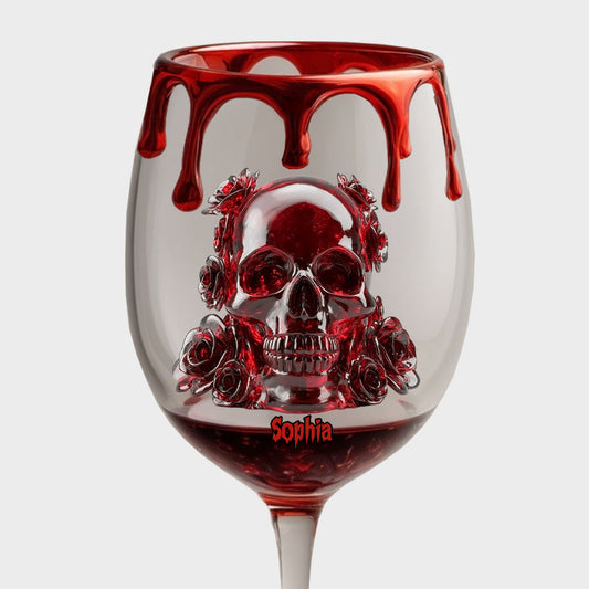 Totenkopf & Rosen – Personalisiertes Totenkopf-Weinglas mit langem Stiel