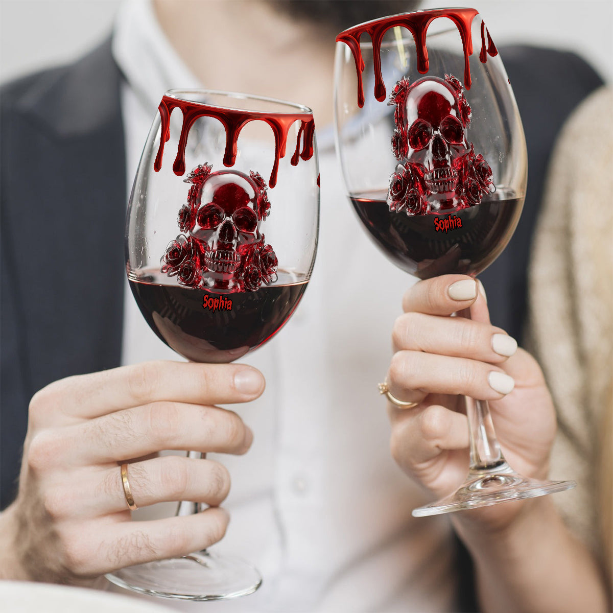 Totenkopf & Rosen – Personalisiertes Totenkopf-Weinglas mit langem Stiel