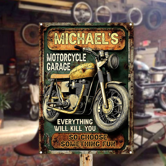 Motorcycle Garage - Personalized Biker Rectangle Metal Sign