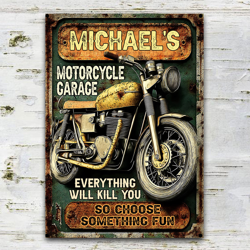 Motorcycle Garage - Personalized Biker Rectangle Metal Sign